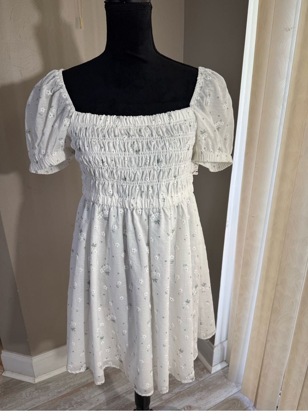 Altar'd State White Eyelet Smocked Puff Sleeve Mini Dress